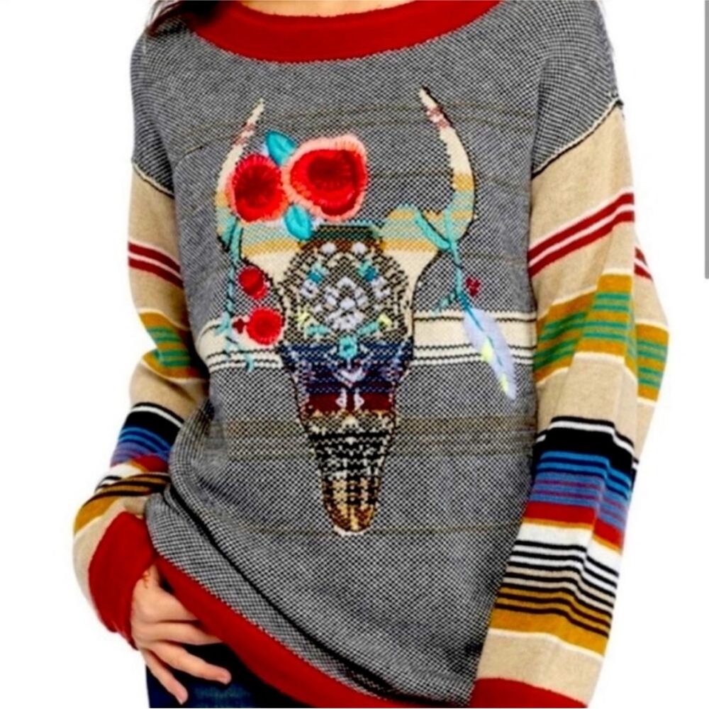 Free People Desert Rose Cow Skull Sweater- Size Small